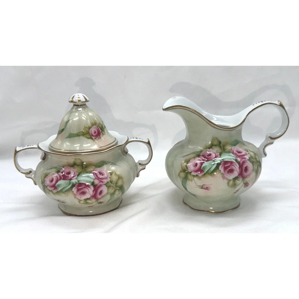 Vintage Betty Platner Hand Decorated Creamer and Sugar Bowl Set Rose-BEAUTIFUL!
